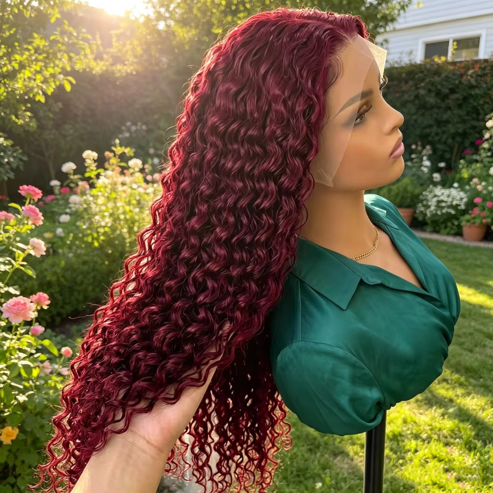 Lace Front Wig - 99J Burgundy Red Deep Wave Human